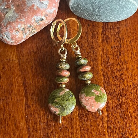 Gemstone Earrings, Unakit, Green and Pink Natural Gemstone Dangle Earrings - Picture 3 of 5